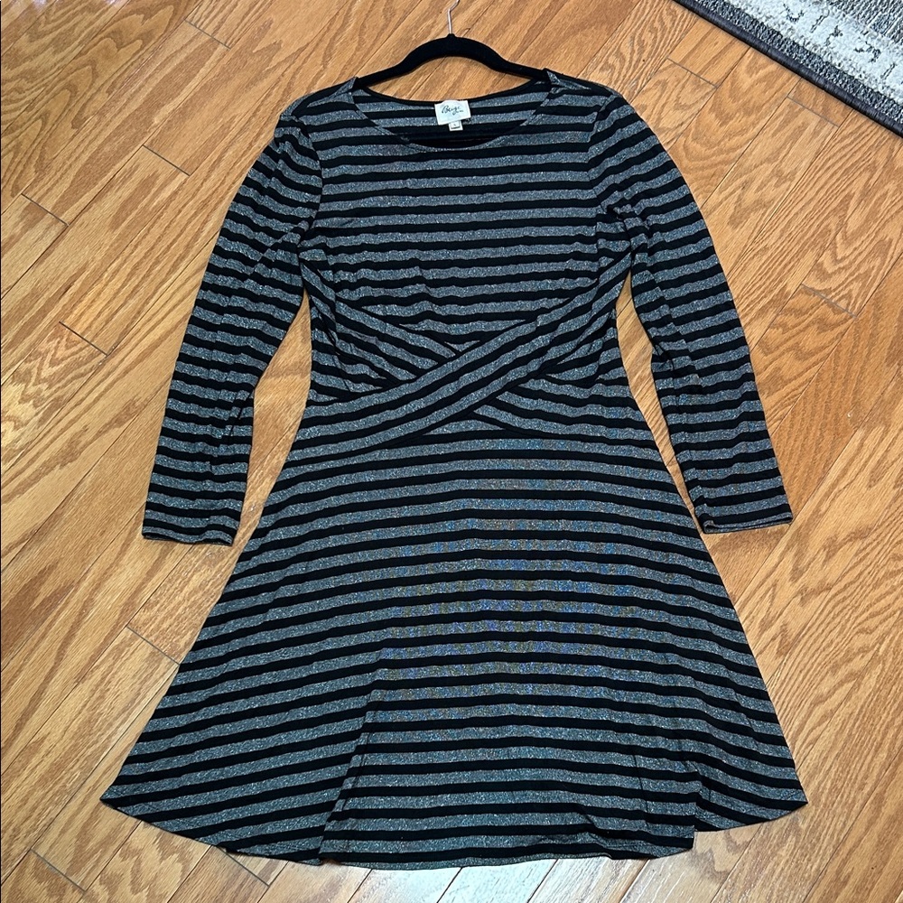Beige by ECI Black & Gray Striped Long-Sleeve Fit & Flare Dress